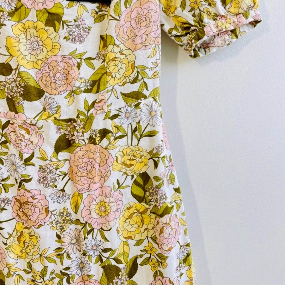 Last One Linen Floral Print Tie Back Midi Dress With Puff Sleeves & Side Pockets - Picture 6 of 11